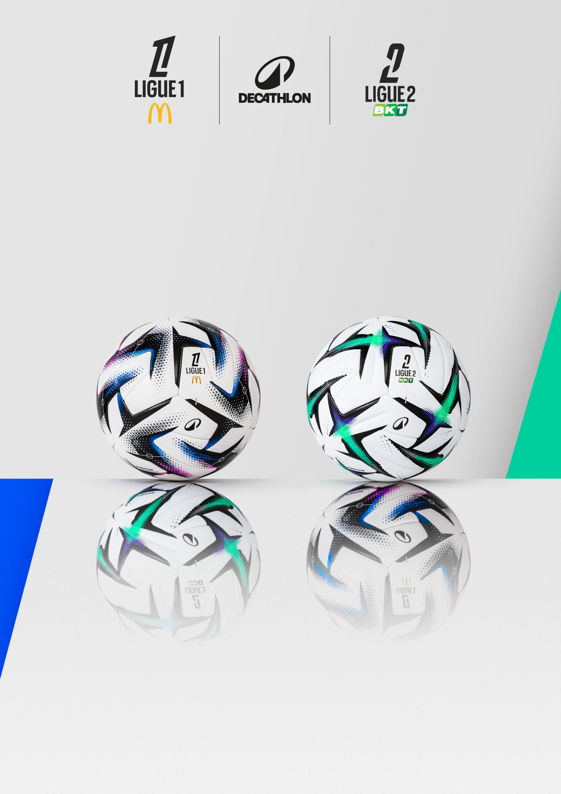 Photo des deux ballons de la ligue 1 et ligue 2 avec leur reflet
